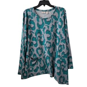 LOGO Lori Goldstein Large Green Gray Scoop-neck Pullover‎ Sweater Pocket